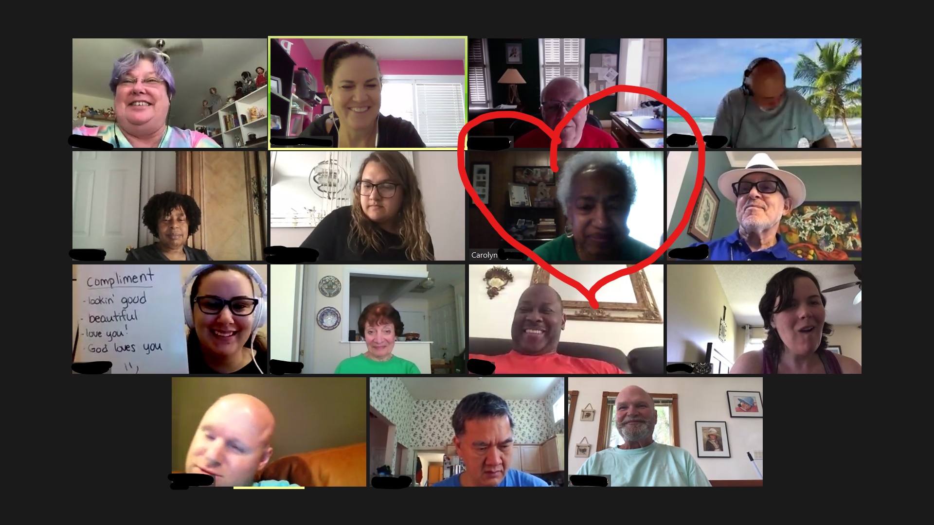 15 participants in a Zoom meeting with one person circled with a red heart shape